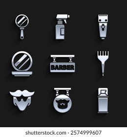 Set Barbershop, Shaving gel foam, Hairbrush, Mustache and beard, Makeup powder with mirror, Electrical hair clipper shaver and Hand icon. Vector