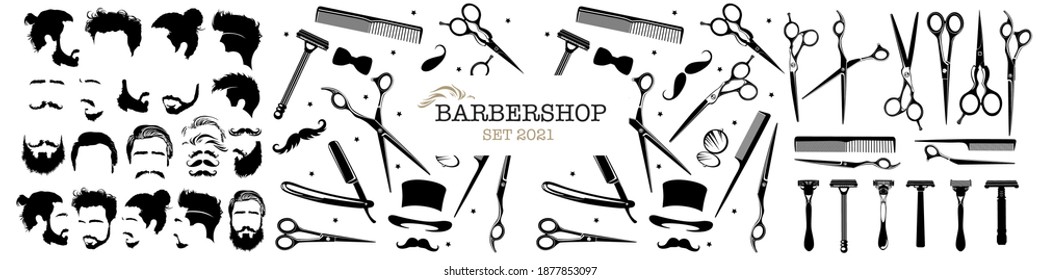 Conjunto de símbolos de la barbería. Paneles de peluquería con cortes de pelo, herramientas de barbero y accesorios. Ilustración vectorial 