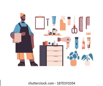 set barbershop tools and accessories with male barber character in uniform shaving and hairdresser equipments collection isolated horizontal vector illustration