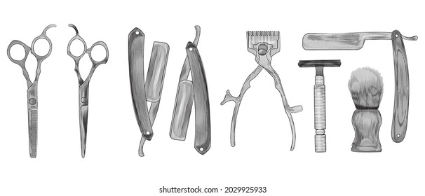 Set of Barbershop tools hand drawn vector, Vector engraving style, Hand draw Illustration, razor, scissors, brush, woodcut style
