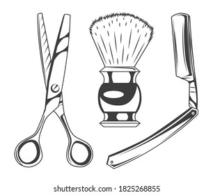 Set of barbershop tools or instruments. Sharp scissors for cutting hair, shaving brush for beard, sharp razor blade. Professional equipment for barber, shaving face, making hairstyle. Isolated symbols