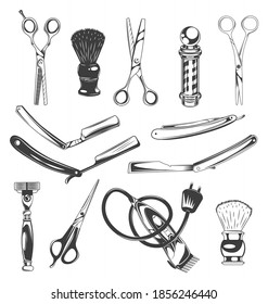 Set of barbershop tools, instruments, symbols. Different scissors for cutting hair, shaving brush, barber's pole, sharp razor blades for beard, shaver, electric razor. Barber professional equipment