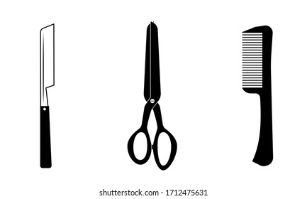 conjunto de herramientas de barbería. tijeras, peine, cuchilla aislada en iconos vectoriales de fondo blanco