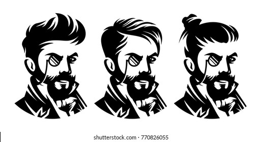 set barbershop victorian hairstyle, haircut illustration