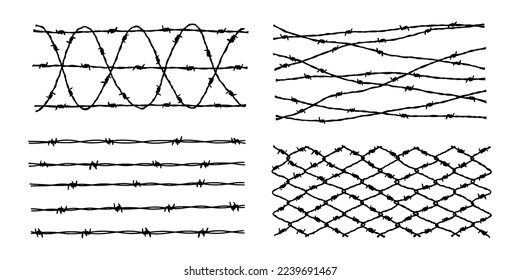 Set of barbwire fence backgrounds. Hand drawn vector illustration in sketch style. Design element for military, security, prison, slavery concepts