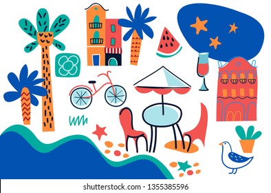 set of Barcelona color doodle hand drawn vector icons. Modern vector illustration for print. Stylized image