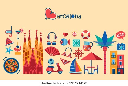 set of Barcelona flat style vector icons and symbols