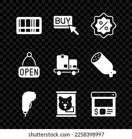 Set Barcode, Buy button, Discount percent tag, Scanner scanning bar, Canned food, Online ordering and delivery, Hanging sign with Open and Hand truck boxes icon. Vector