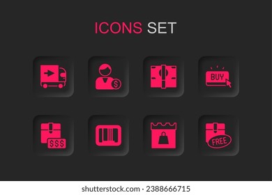 Set Barcode, Buyer, Delivery cargo truck, Shopping day, button, Cardboard box with free symbol, Stacks paper money cash and Item price tag dollar icon. Vector