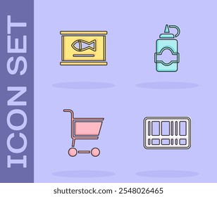 Set Barcode, Canned fish, Shopping cart and Sauce bottle icon. Vector