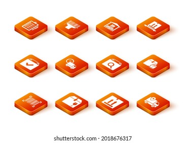 Set Barcode, Delivery box with fragile content, Package check mark, truck and clock, Cardboard traffic, Search package, tracking and Cargo ship boxes icon. Vector