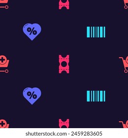 Set Barcode, Discount percent tag in heart, Coupon and Add to Shopping cart on seamless pattern. Vector