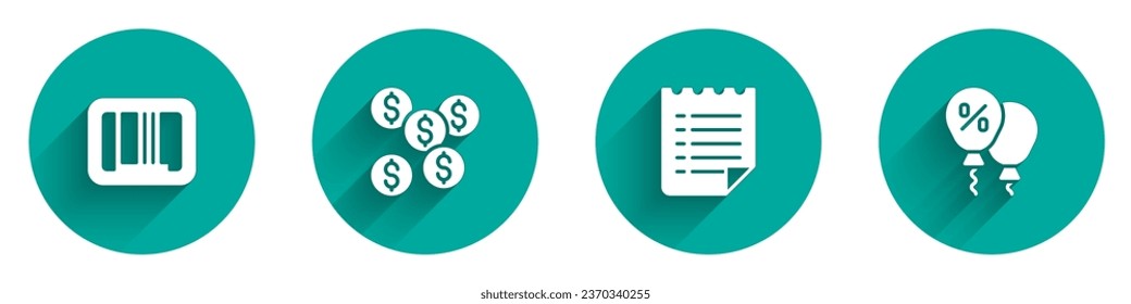 Set Barcode, Dollar symbol, Wish list template and Discount percent tag icon with long shadow. Vector