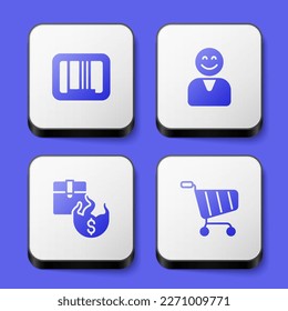 Indique código de barras, cliente feliz, precio caliente y icono del carrito de compras. Botón cuadrado blanco. Vector