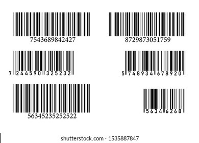 Conjunto de vectores de icono de código de barras con números y patrón de líneas paralelas.diseño de ilustración vectorial.  Diseño de objetos conceptuales para el producto. Código de rayas negras para identificación digital. Códigos de barras comerciales