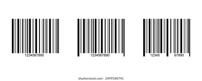 Set of barcode icons. Bar code label templates isolated on white background. Visual presentation of digital data with information about product, event or manufacturer. Vector graphic illustration.