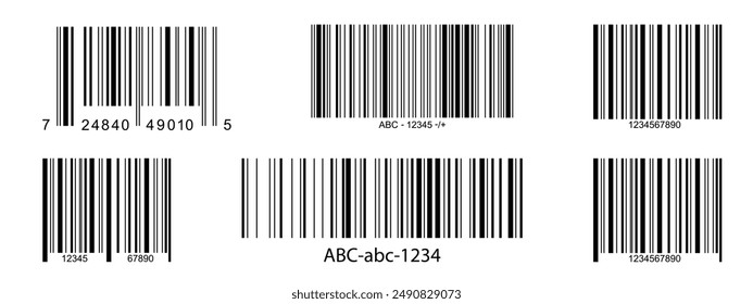 Conjunto de Plantillas de etiquetas de código de barras aisladas sobre fondo blanco. Iconos de código de barras. Representación digital de datos visuales con información del producto. Ilustración gráfica Vector.