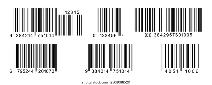 Set of barcode label templates isolated on white background. Collection of barcode icons. Visual digital data representation with merchandise information. Vector graphic illustration.