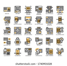 Set of barcode and qr code thin line and pixel perfect icons for any web and app project. 