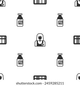 Set Barcode, Seller and Bottle with milk on seamless pattern. Vector