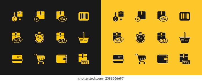 Set Barcode, Shopping cart, Item price tag with dollar, Wallet, Stopwatch percent discount, New collection, Tax cardboard box and Carton icon. Vector