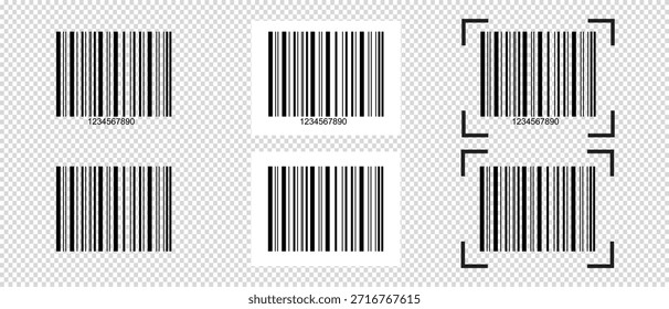 Conjunto de pegatinas de código de barras. Plantillas en blanco de la etiqueta del código de barras aisladas en fondo transparente. Presentación visual de datos digitales con información del producto o fabricante. Vector ilustración gráfica.