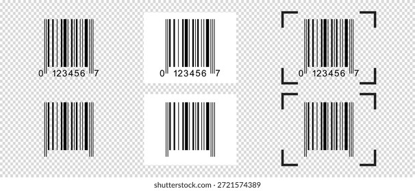 Conjunto de pegatinas de código de barras con marco de escáner. Muestras de etiquetas de código de barras aisladas sobre fondo transparente. Presentación visual de información de datos digitales. Vector ilustración gráfica.