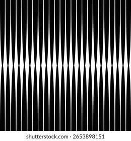 set of barcode, striking black and white pattern, vertical lines, top and bottom, inward-pointing wedges, pinched, across the middle, illusion of depth, white space between the black lines mirrors 