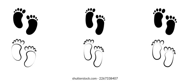 Juego de pasos de huella desnuda. Caminos de huellas de pasos humanos. Huellas de silueta negra sobre fondo blanco.