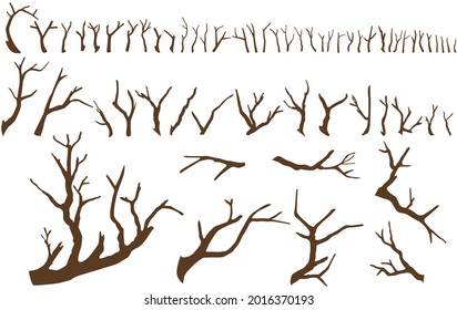 Set of bare tree branches isolated on the white background. Big collection of big and small sticks without leaves. Vector illustration in simple silhouette style. 