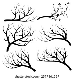 Set of Bare Tree Branches and Twigs Silhouette Illustration for Design Elements, EPS 10