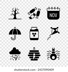 Set Bare tree, Candy, November calendar autumn, Storm, Hive for bees, Spider, Umbrella and Jar of honey icon. Vector