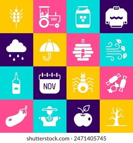 Set Bare tree, Candy, Windy weather, Jar of honey, Umbrella, Cloud with rain, Wheat and Hive for bees icon. Vector
