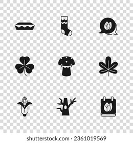 Set Bare tree, Chestnut leaf, Calendar with autumn leaves, Mushroom, Leaf, Homemade pie, Socks and Clover icon. Vector