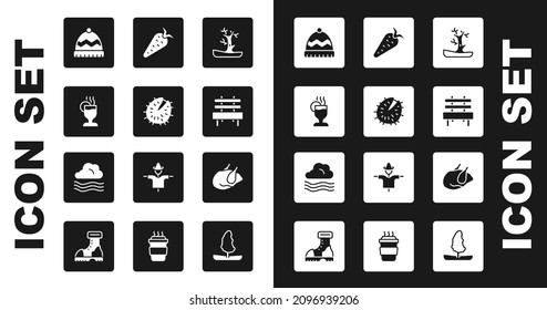Set Bare tree, Chestnut, Mulled wine, Winter hat, Bench, Carrot, Roasted turkey or chicken and Windy weather icon. Vector