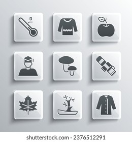 Set Bare tree, Raincoat, Winter scarf, Mushroom, Leaf or leaves, Graduate and graduation cap, Meteorology thermometer and Apple icon. Vector