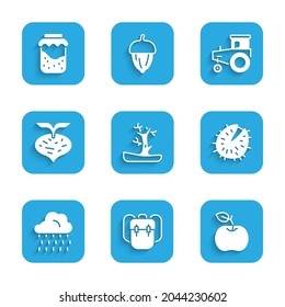 Set Bare tree, School backpack, Apple, Chestnut, Cloud with rain, Beet, Tractor and Jam jar icon. Vector