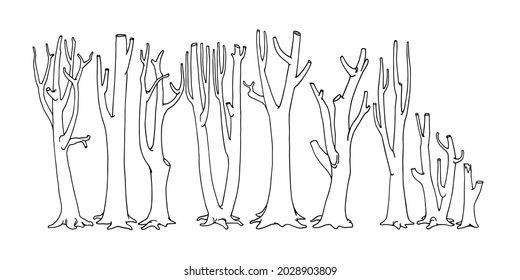 a set of bare tree trunks, dead forest, leafless branches, firewood harvesting, vector illustration with contour lines in black ink isolated on a white background in the style of doodle and hand drawn