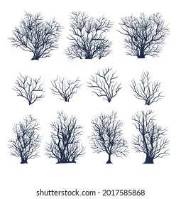 Set of bare trees. Beautiful. Crown with branches. Bushes close-up. Flat cartoon style. Winter season. Isolated. Vector art.