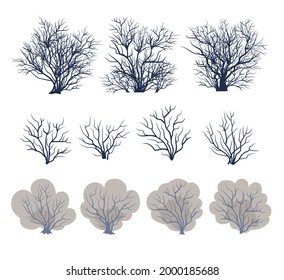 A set of bare trees. Crown with branches. Bushes covered with snow close-up. Flat cartoon style. Winter season. Isolated. Vector art.