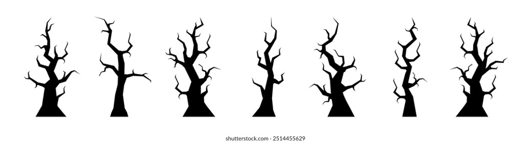 Set of bare trees icons. Spooky leafless trees. Victor