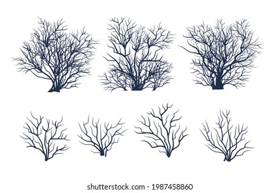 Set of bare trees. Plant. Crown with branches. Bushes close-up. Flat cartoon style. Winter season. Isolated. Vector art.