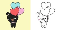 Set Baribal Coloring Page And Colored Illustration. Clip Art Kawaii Panda. Vector Illustration Of A Kawaii Animal For Coloring Pages, Prints For Clothes, Stickers, Baby Shower.
