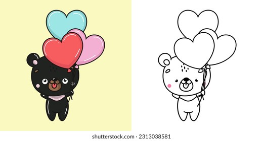 Establezca la página de color de Baribal y la ilustración de color. Clip Art Kawaii Panda. Ilustración vectorial de un animal kawaii para páginas coloreadas, impresiones para ropa, pegatinas, ducha para bebés.
