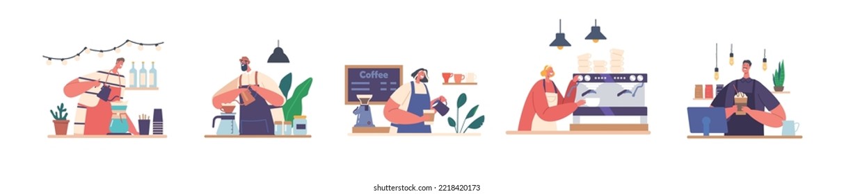 Set of Barista Men and Women Making Coffee, Friendly Male and Female Characters Wear Apron Work in Cafe or Coffee Shop Cooking Fresh Aromatic Beverage or Drink. Cartoon People Vector Illustration