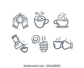 Set of Barista Vector Line Icons. Hand Drawn Illustration Coffee Delivery Service Doodles Cartoon.