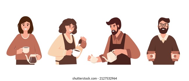 Set of Baristas making Coffee. Male and female characters working in coffee shop or cafe. Flat or cartoon Vector illustration isolated on white background.