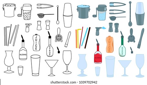 Set of Barman accessories vector colored illustration sketch icon