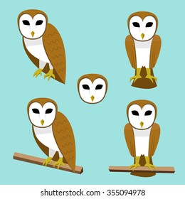 Set of Barn owl on branch in flat style, vector