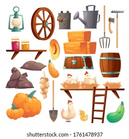 Set of barn stuff, chicken and chicks. Farm things wooden wheel, watering can and metal bucket, barrel, hay bale and pumpkin. Coop with perch, farmer tools and veggies crop Cartoon vector illustration